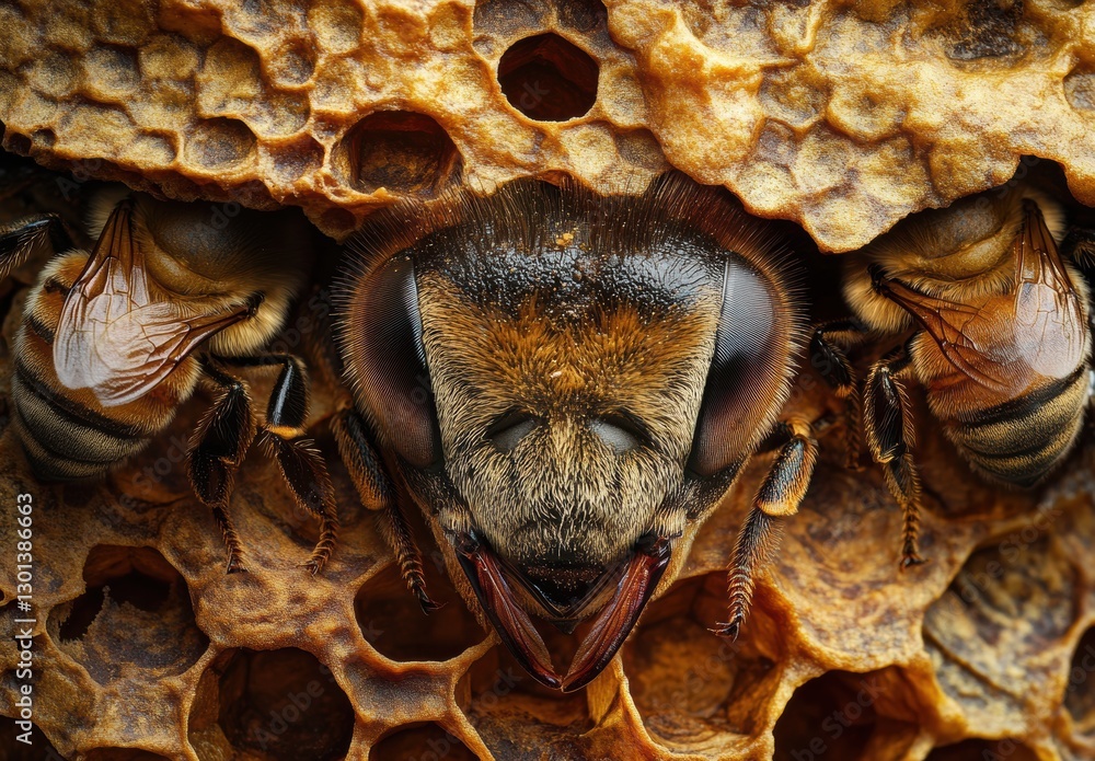 Poster close-up view of honeybee head nestled in honeycomb, highlighting intricate details and textures of 