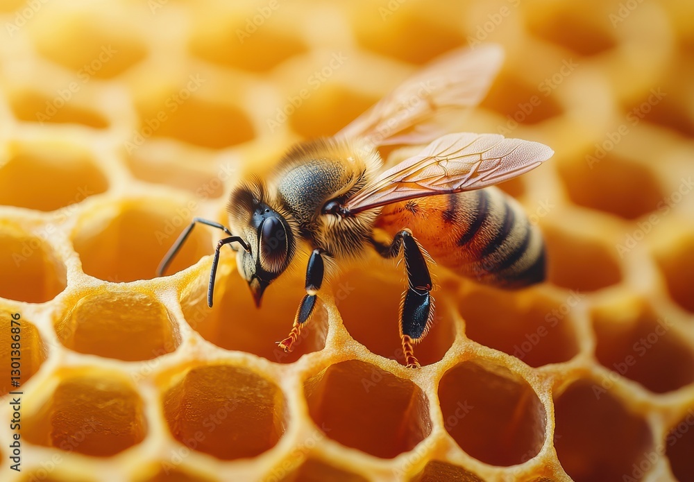 Poster close-up view of honeybee on honeycomb, focused on insect details and intricate honeycomb structure,