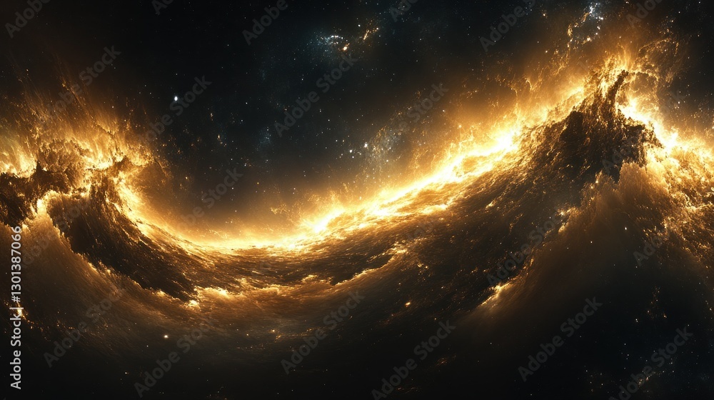 Poster fiery golden space clouds with visible stars and celestial objects