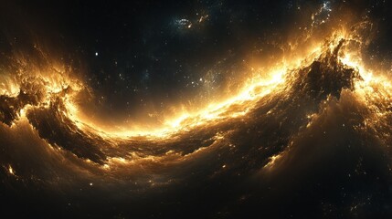 Fiery golden space clouds with visible stars and celestial objects