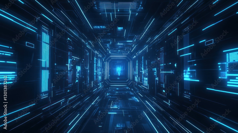 Poster futuristic tunnel design with blue glowing lines and patterns