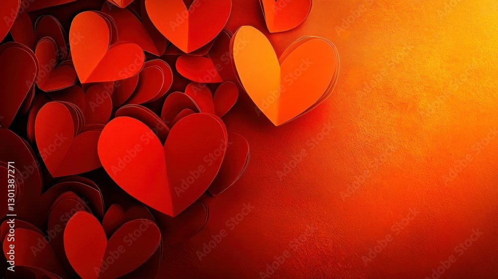 Poster red paper hearts overlapping on textured red background