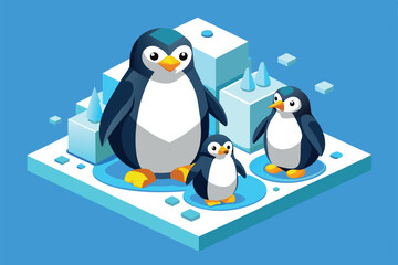 A delightful penguin family interacts in a vibrant icy environment surrounded by icebergs and snow, Penguin family Customizable Isometric Illustration