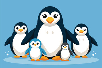 Fototapeta premium A delightful group of penguins comes together, showcasing family bonds and joy in a winter wonderland, Penguin family Customizable Semi Flat Illustration