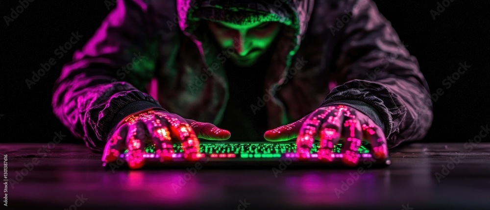 Poster cyberpunk hacker: neon glow keyboard