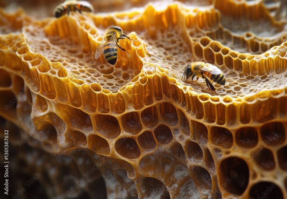 Aufkleber close-up view of honeycomb structure with bees collecting nectar in a vibrant natural environment