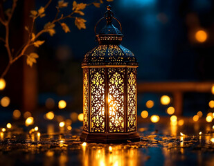 Fototapeta premium Ornate Moroccan lantern, golden glow, intricate metalwork, warm ambient lighting