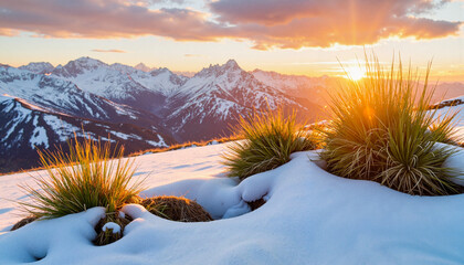 Vibrant grass emerging from snowy terrain at sunset, nature's resilience
