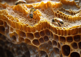 Close-up View of Honeycomb Structure with Bees Collecting Nectar in a Vibrant Natural Environment