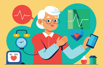 An older man is checking his pulse on a smartphone, focusing on heart rate monitoring at home, Pensioner checking his pulse, heartbeat,