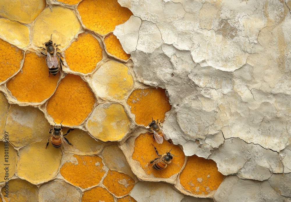 Poster close-up view of honeycomb with bees collecting nectar and pollen in nature's intricate ecosystem of