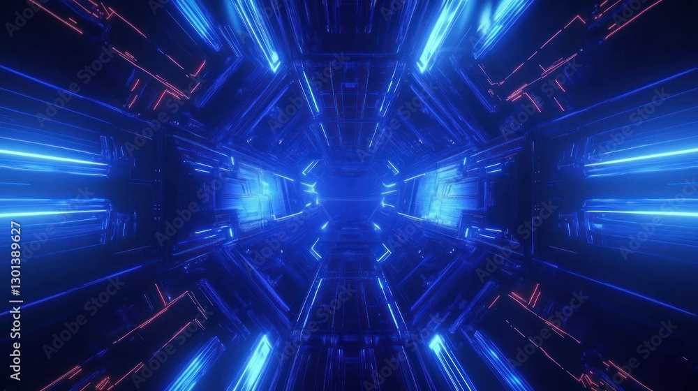 Poster a futuristic tunnel displays blue and red geometric patterns illuminated