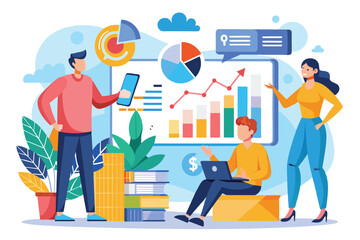 Fototapeta premium A diverse team discusses business growth metrics using charts and digital tools in a modern workspace, people analyze business growth charts and business strategies