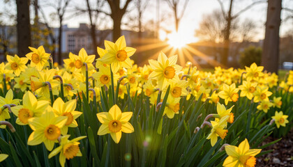 Fototapeta premium Blooming daffodils in spring garden during golden hour, seasonal beauty