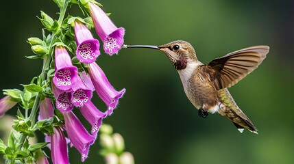Fototapeta premium Vibrant Hummingbird Feeding on Purple Foxglove Flower: Beautiful Wildlife Photography for Prints & Design Projects