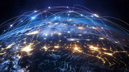Obraz premium Global Network Connections - Illuminated Earth with glowing lines depicting worldwide connectivity, symbolizing global communication and data transfer