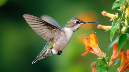 Fototapeta premium Exquisite Hummingbird Perched on Vibrant Flower - Stunning Wildlife Photography for Adobe Stock