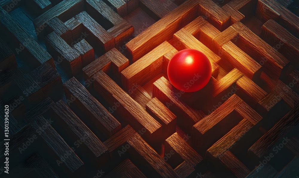 Poster red sphere in a wooden maze representing challenges and finding your way through problems