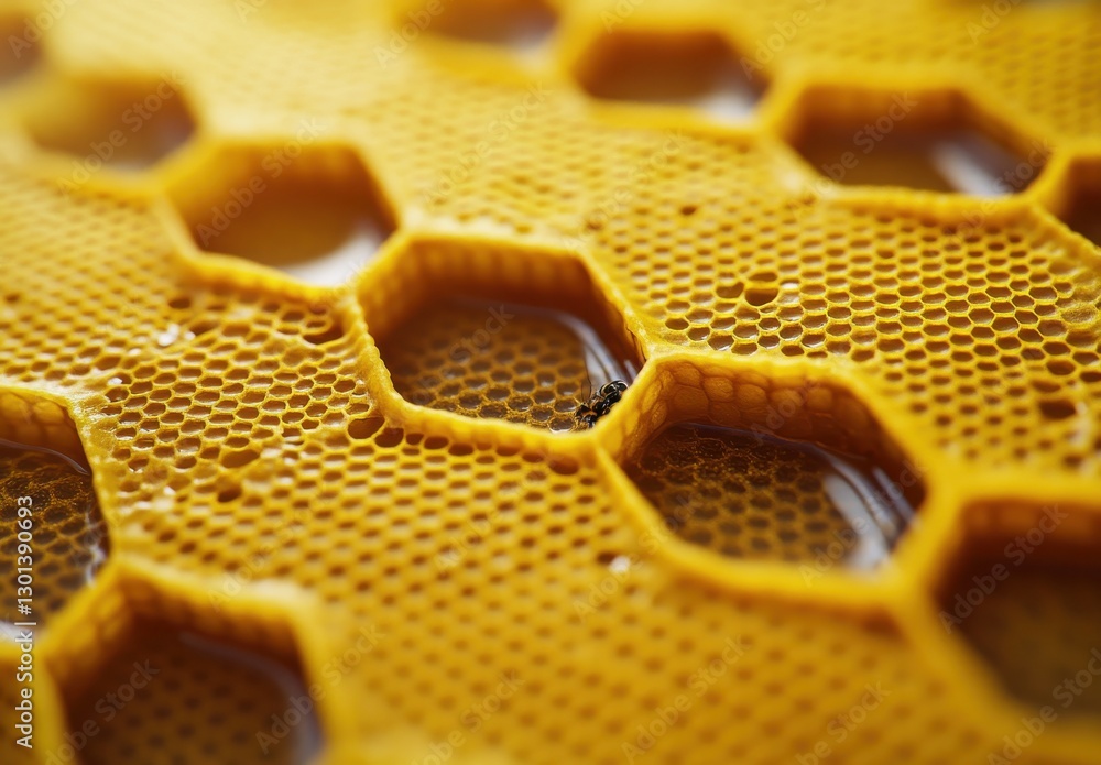 Poster close-up view of natural honeycomb structure with honey dripping from cells on wooden surface, captu