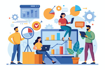 A group of people collaborates on data analysis using laptops and digital tools in an office environment, people analyze growth data