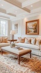 Fototapeta premium This formal sitting room features a symmetrical arrangement of plush sofas and a refined coffee table decorated with books and decor