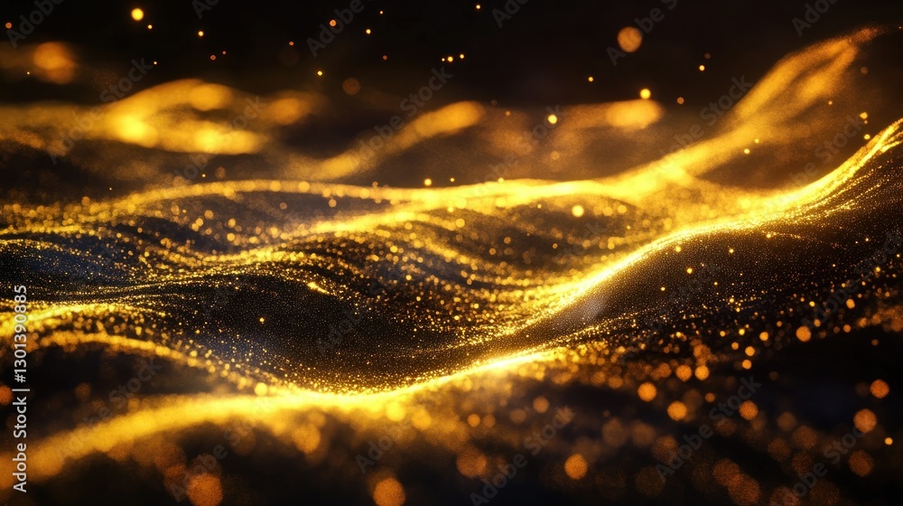 Poster golden particles form flowing wave like patterns in darkness
