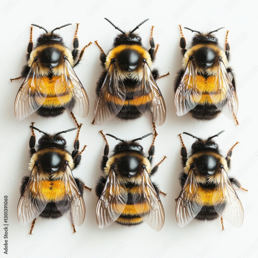 Poster close-up view of six individual honey bees displaying unique pattern and texture, perfect for insect