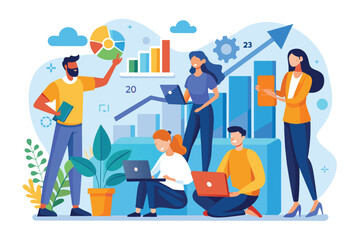 Fototapeta premium A group of professionals is analyzing growth data using charts and laptops in a modern office, People analyzing growth chart