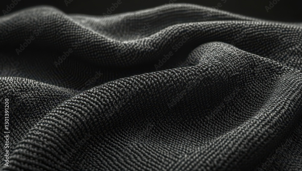 Poster close-up view of soft black fabric with intricate textures and gentle waves capturing light in an el
