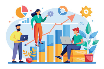 A group is collaboratively interpreting a growth chart while discussing project outcomes and trends, People analyzing growth chart