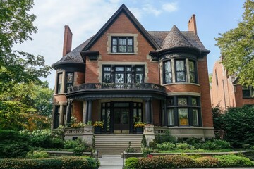 Fototapeta premium Charming Historic Victorian Residence in Ohio: Elegant Architecture and Lush Garden Surrounding an Old Castle-like Home