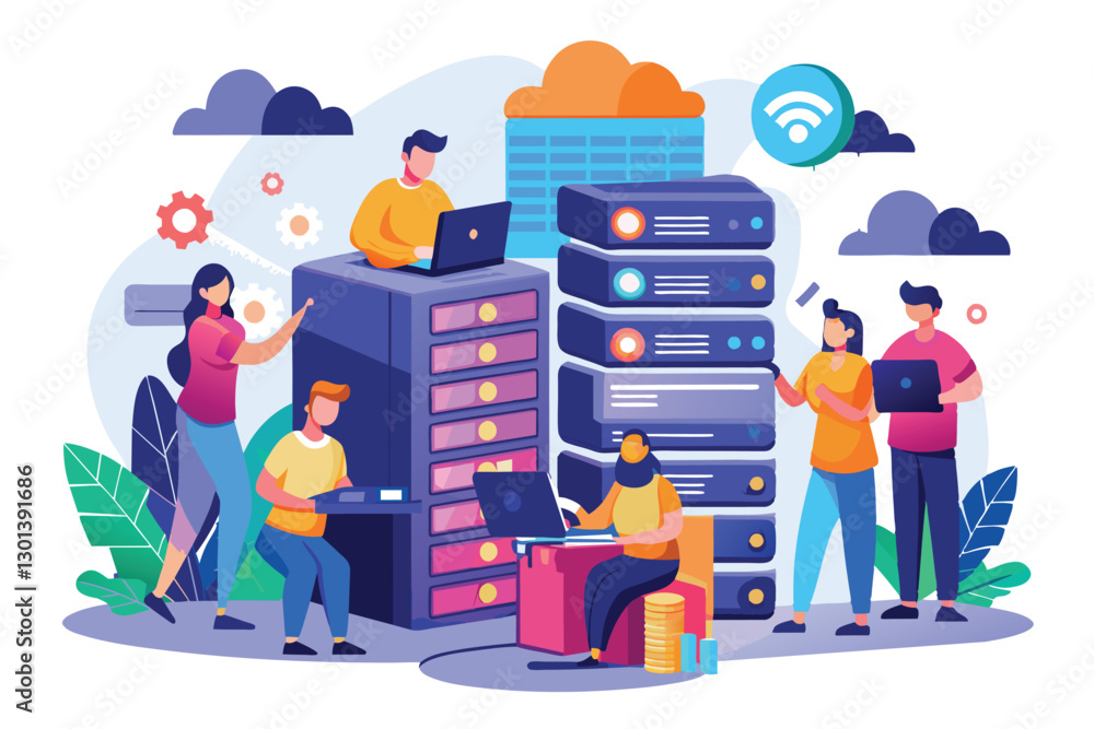 Poster a group of people is actively engaged in backing up servers within a vibrant office space, people ar