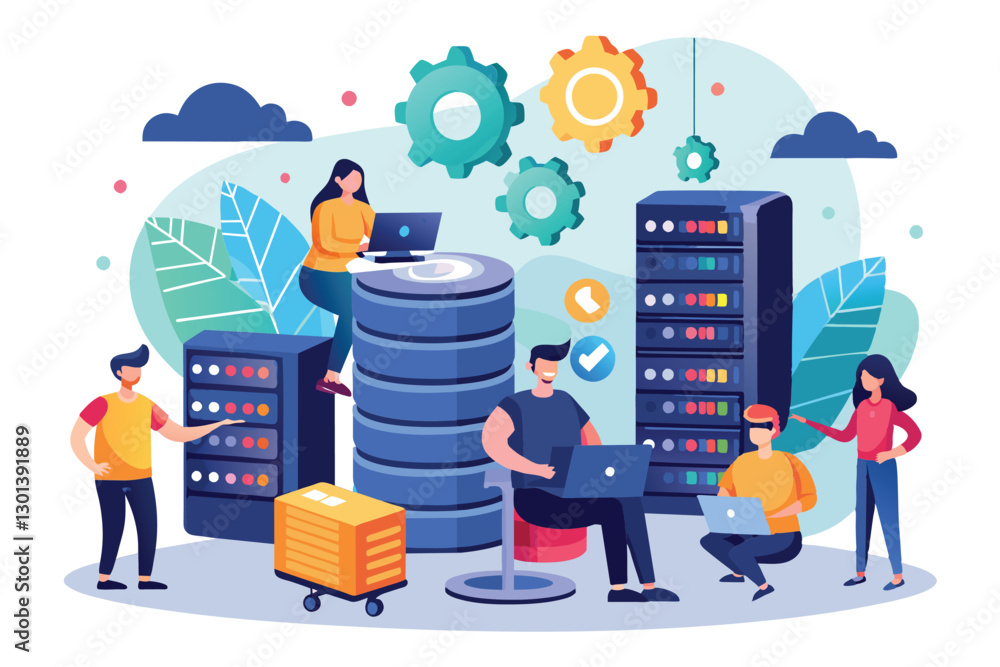 Poster a group of people is actively backing up server data in a contemporary office environment, people ar