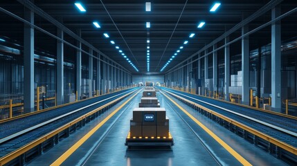 A high-tech logistics hub features automated sorting systems operating efficiently. Transport vehicles move packages along organized conveyor belts in a well-lit environment
