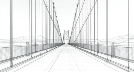 Minimalist Outline of a Suspension Bridge: A 3D Rendering Showcasing Architectural Lines and Structural Beauty