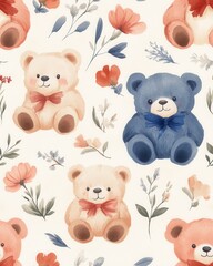 Fototapeta premium Adorable Watercolor Teddy Bears and Wildflowers Seamless Pattern