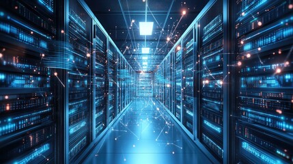 Obraz premium Modern Data Center Room Featuring Mainframe Storage Servers and Cloud Network Concepts for Secure Business Communication