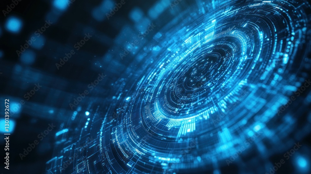 Poster a futuristic digital data stream featuring blue glowing circular patterns