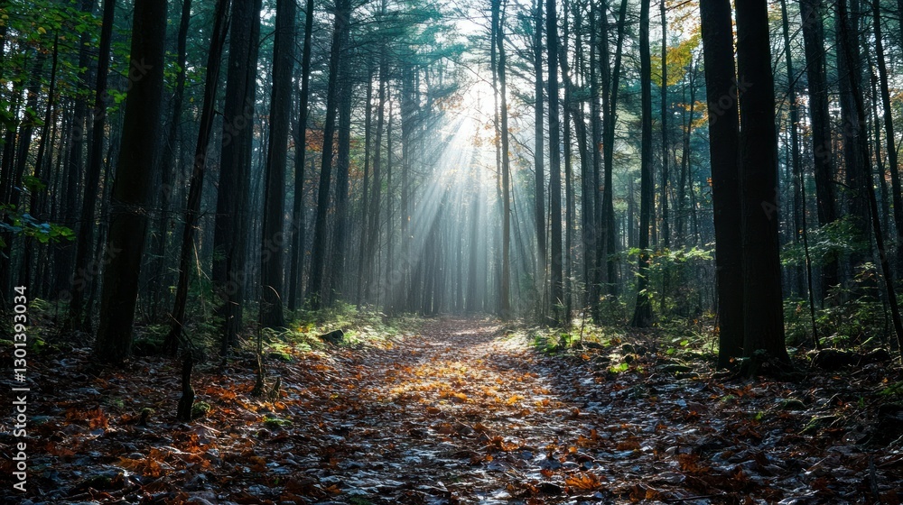 Poster Light beams shining through the tall forest trees on a path