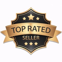 Exclusive Top Rated Seller Badge with a Luxurious Gold and Black Design, Featuring a Shield, Five-Star Rating, and Professional Ribbon for E-Commerce and Online Marketplaces