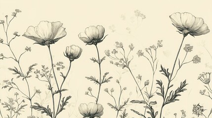 Line Drawing Presents Simple Flowers In A Monochromatic Style