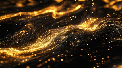 Abstract composition depicting golden flowing particles on a dark background