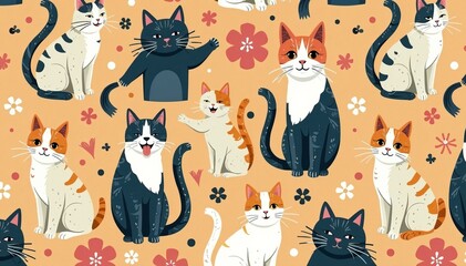 Whimsical seamless pattern of playful cats in various poses on colorful background, seamless, animal, kitty