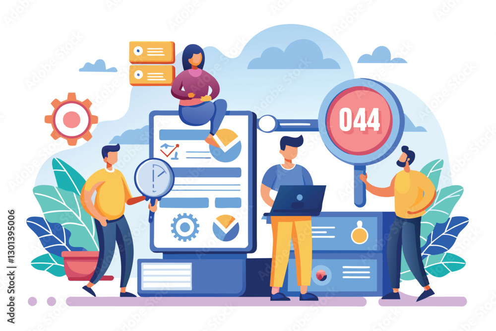 Poster a group of individuals analyzes data storage issues using devices and digital tools in an office set