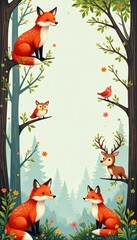 Whimsical repeat design featuring foxes, deer, and owls in a woodland scene, woodland, design, deer