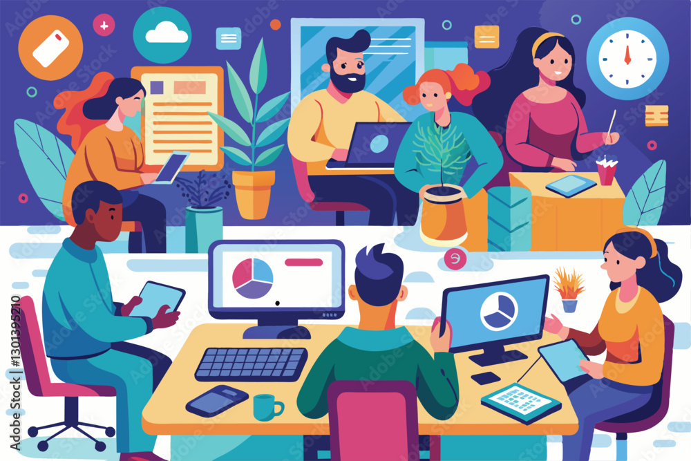 Poster people are engaged in a group workspace, utilizing devices for collaborative online research, people