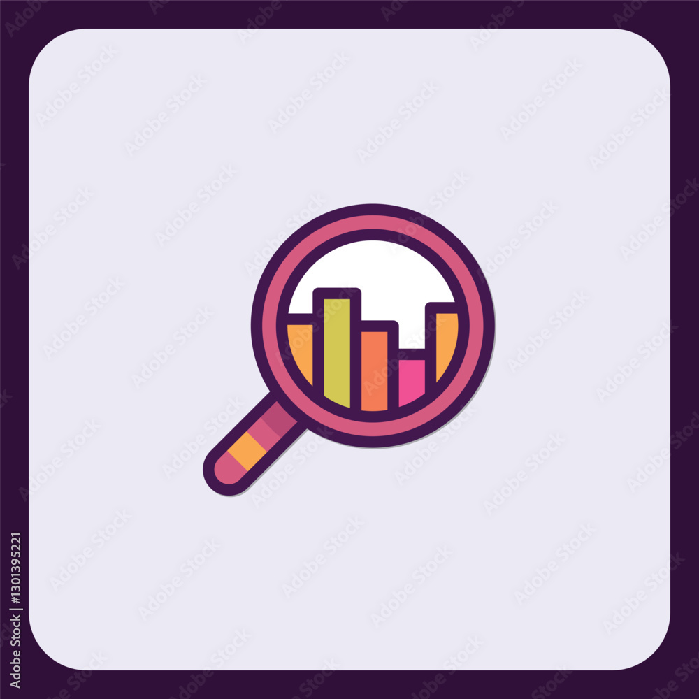 Poster magnifying glass icon with colorful bar graph data visualization