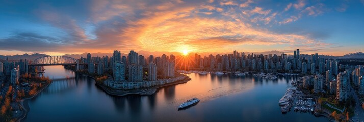 Naklejka premium Vancouver Aerial View: Sunset Over Downtown Skyline and False Creek, British Columbia, Canada