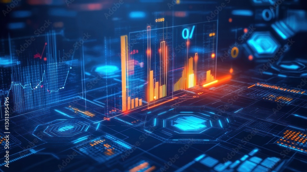 Poster futuristic digital display showcasing financial data in a graphical manner