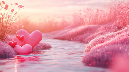 Fototapeta premium A pink river with three hearts in the water